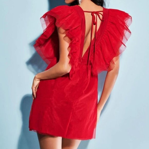 Plunging Neckline Ruffle detailed Mesh Overlayed Red mini Dress - Picture 4 of 6